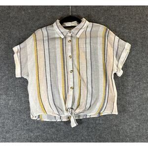 Thread & Supply Womens Button Up Top Size Large Yellow White Stripe Linen Blend